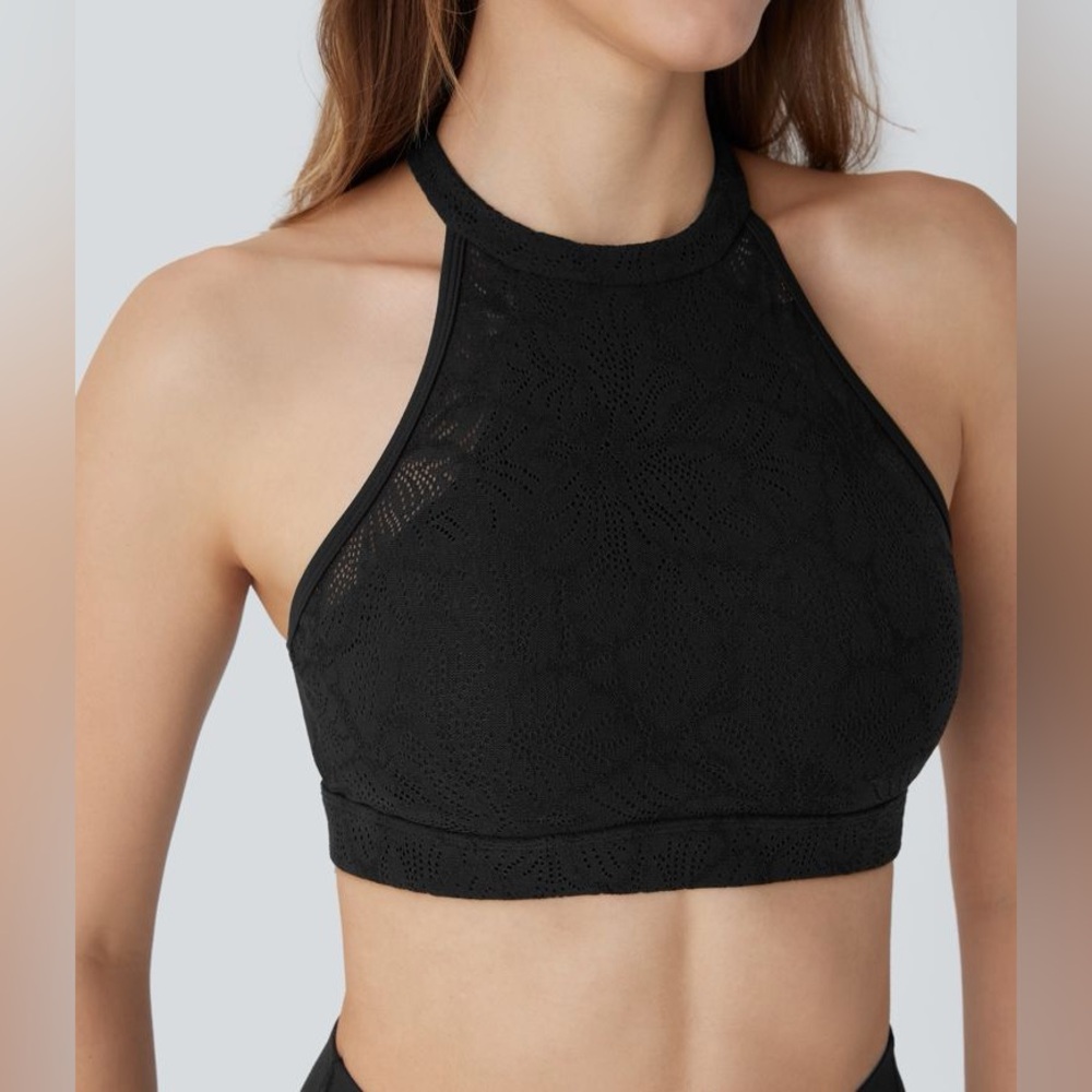 NWT HALARA SoftlyZero Halter Contrast Lace Yoga Sports Bra - Small - Black